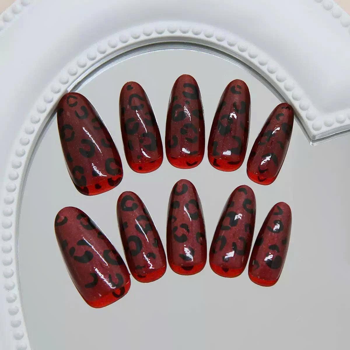 Burgundy Leopard Press-On Nails – Black Animal Print – Cat Eye Glitter Details