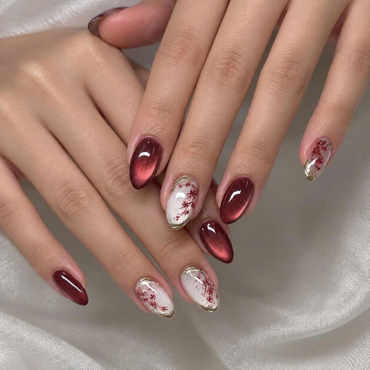 Red Floral Press-On Nails – Cherry Blossom Details – White Gold Almond