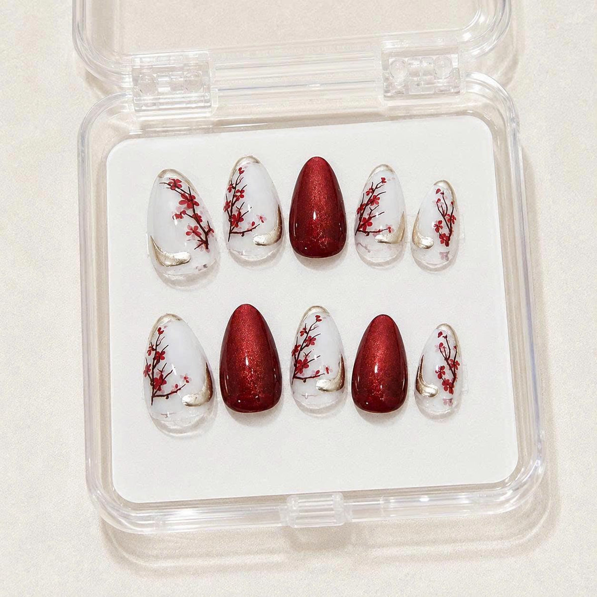 Red Floral Press-On Nails – Cherry Blossom Details – White Gold Almond