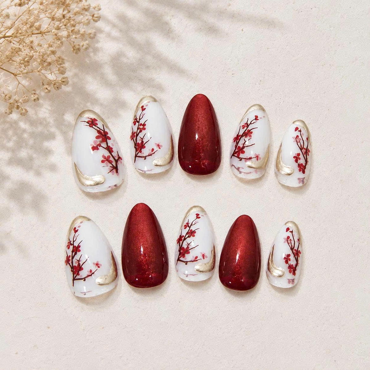 Red Floral Press-On Nails – Cherry Blossom Details – White Gold Almond