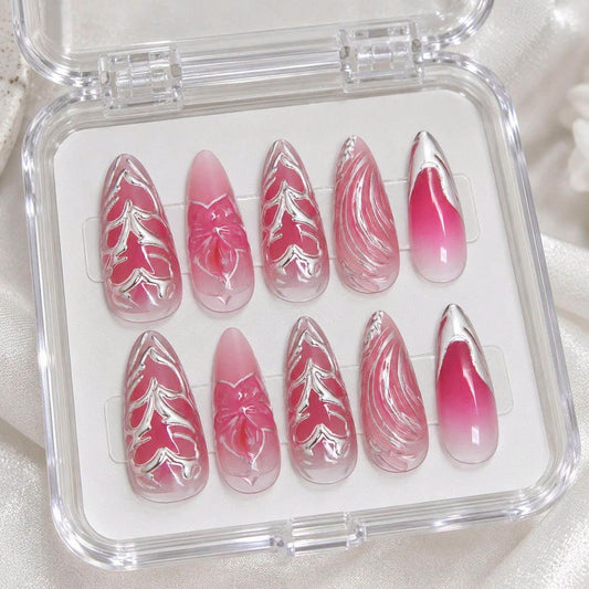 Pink Chrome Press-On Nails – Y2K Silver Swirl – 3D Floral Details