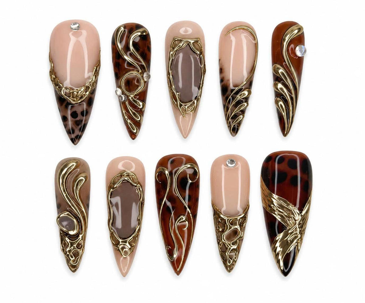 Leopard Press-On Nails – Brown Tortoise Shell – Gold 3D Chrome Details