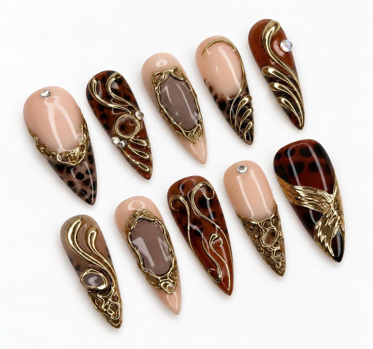 Leopard Press-On Nails – Brown Tortoise Shell – Gold 3D Chrome Details
