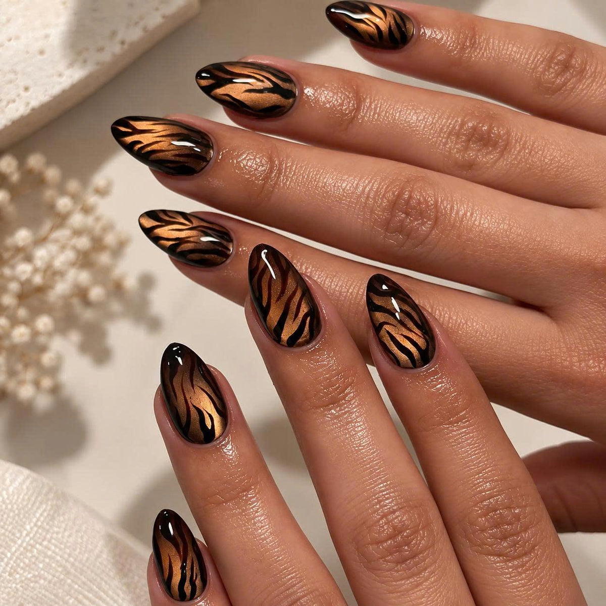 Tiger Print Press-On Nails – Brown Cat Eye – Black Animal Print Details