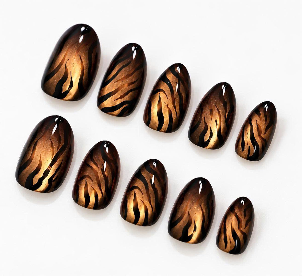 Tiger Print Press-On Nails – Brown Cat Eye – Black Animal Print Details