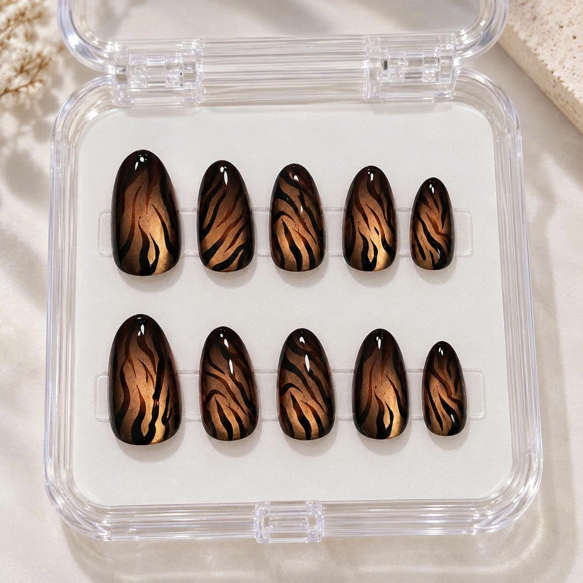 Tiger Print Press-On Nails – Brown Cat Eye – Black Animal Print Details