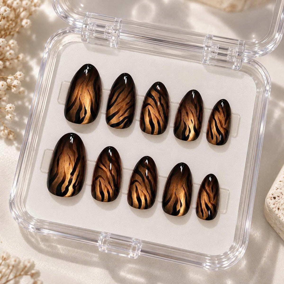 Tiger Print Press-On Nails – Brown Cat Eye – Black Animal Print Details