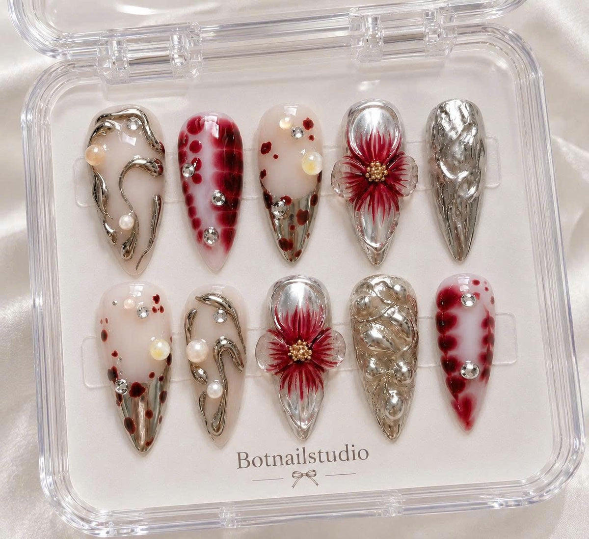 Red Floral Press-On Nails – 3D Flower Details – Silver Chrome Stiletto