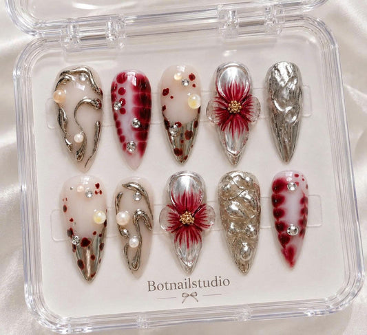 Red Floral Press-On Nails – 3D Flower Details – Silver Chrome Stiletto