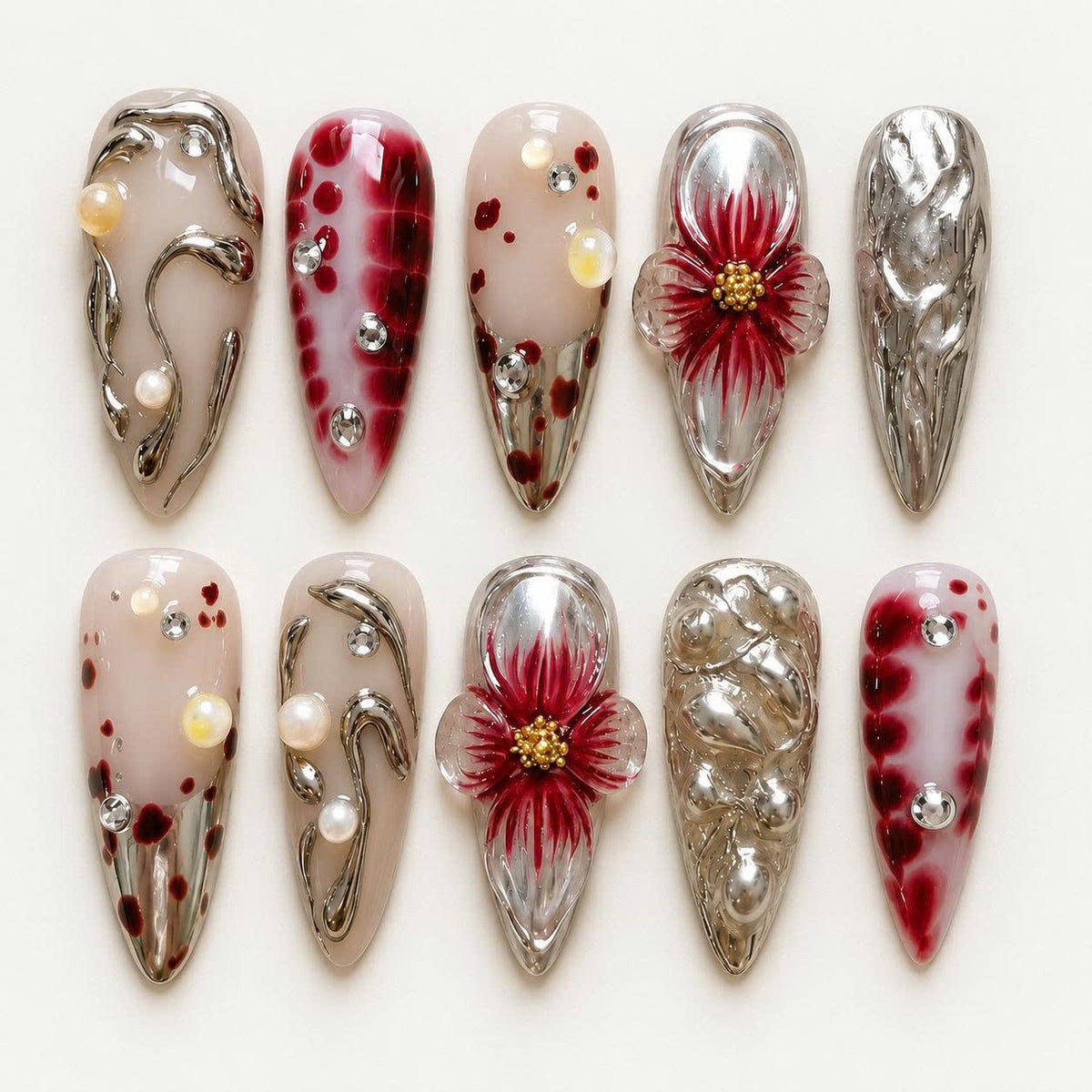Red Floral Press-On Nails – 3D Flower Details – Silver Chrome Stiletto