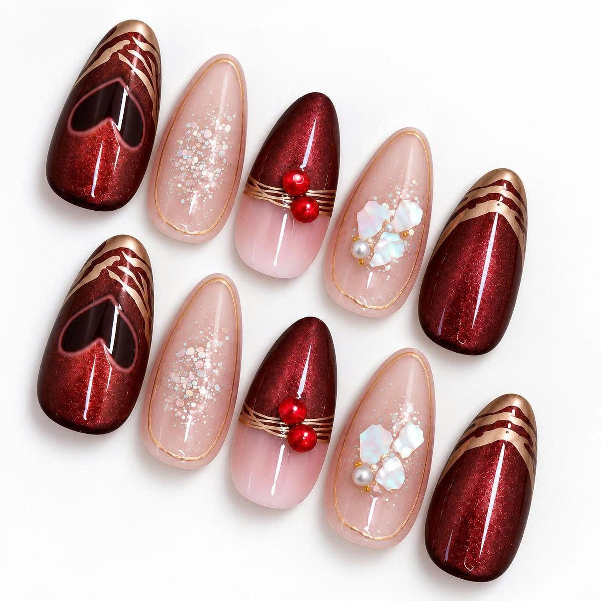 Burgundy Press-On Nails – Cherry Red 3D Details – Gold Chrome Almond