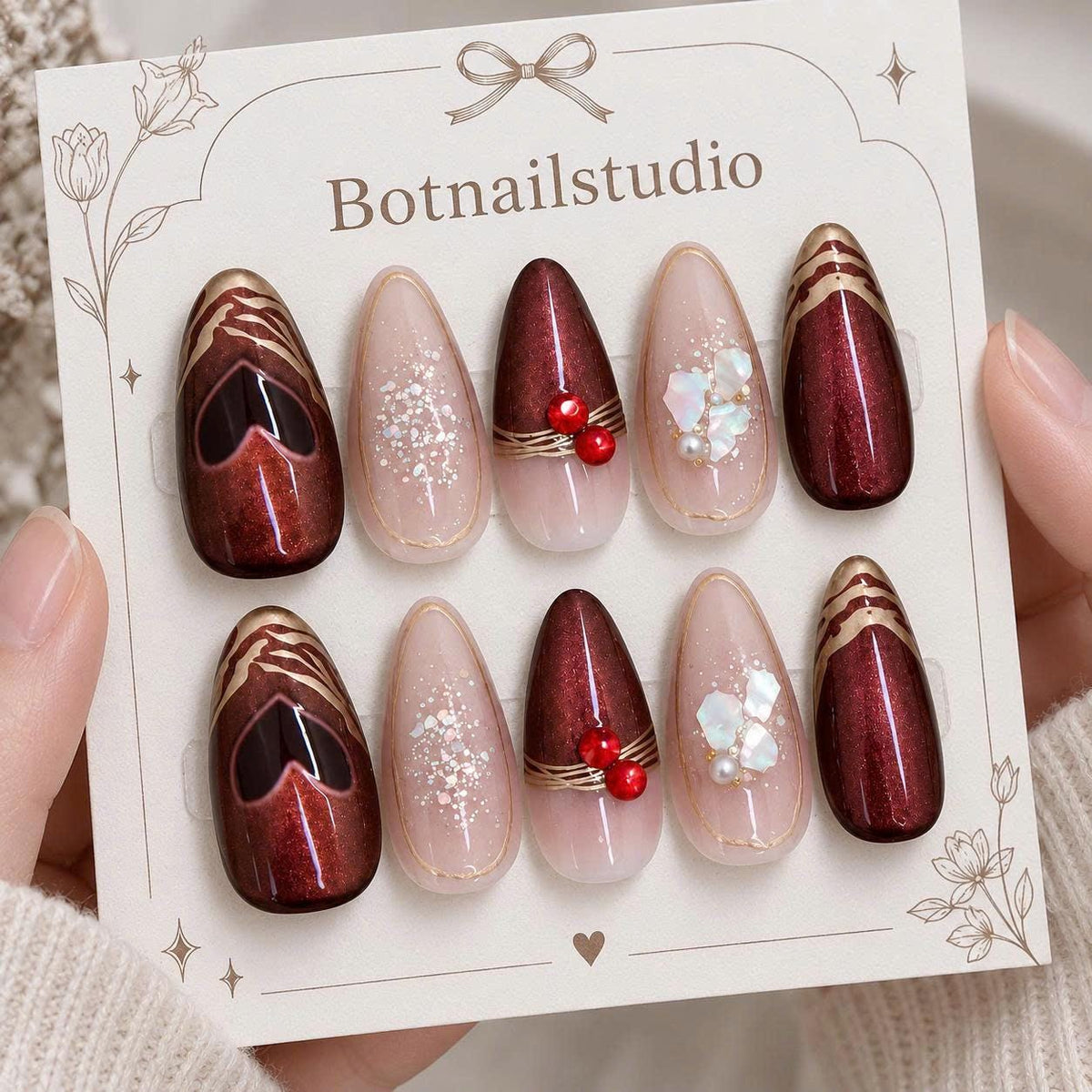 Burgundy Press-On Nails – Cherry Red 3D Details – Gold Chrome Almond