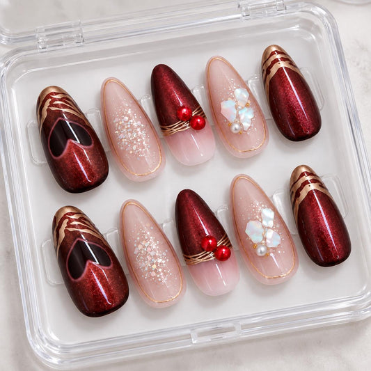 Burgundy Press-On Nails – Cherry Red 3D Details – Gold Chrome Almond