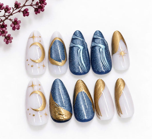 Celestial Press-On Nails – Navy Blue Moon Star – Gold Chrome 3D Details