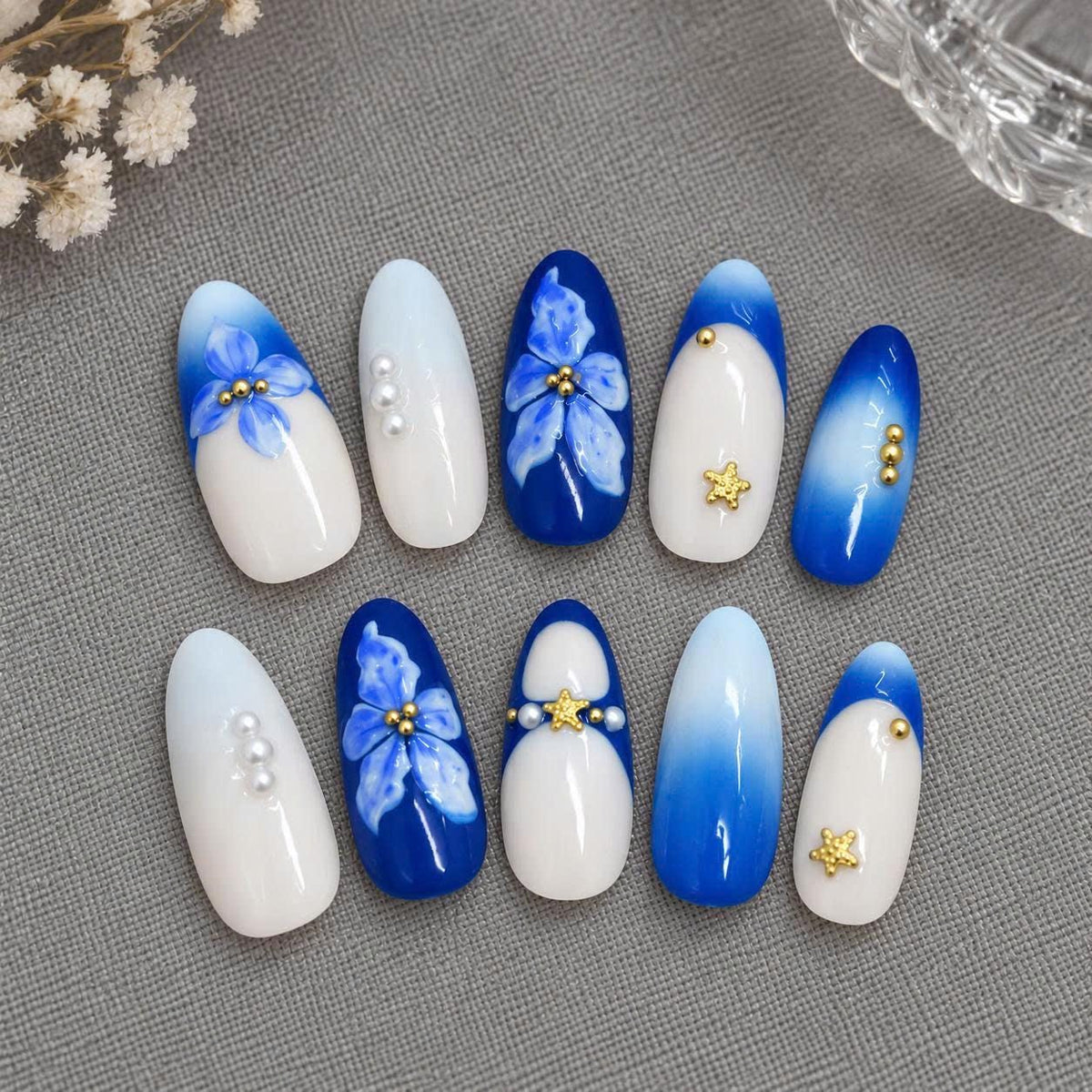 Blue Floral Press-On Nails – Cobalt Blue 3D Flower – Pearl Star Details