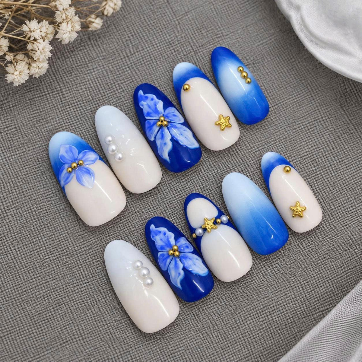 Blue Floral Press-On Nails – Cobalt Blue 3D Flower – Pearl Star Details