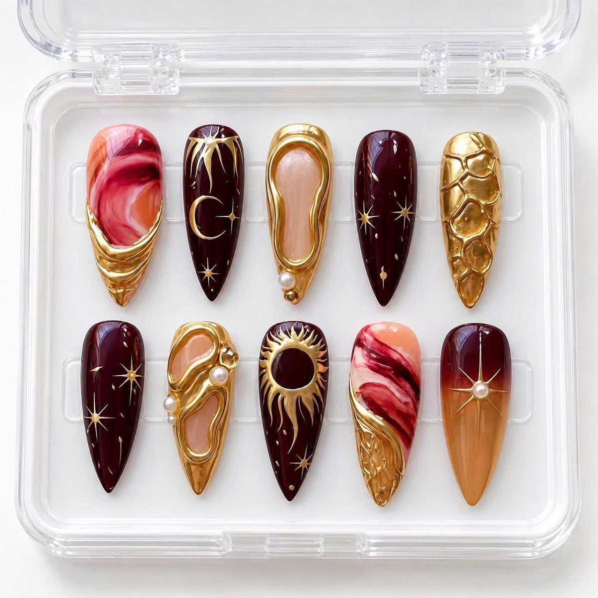 Celestial Press-On Nails – Burgundy Gold Sun Moon – 3D Chrome Star Details