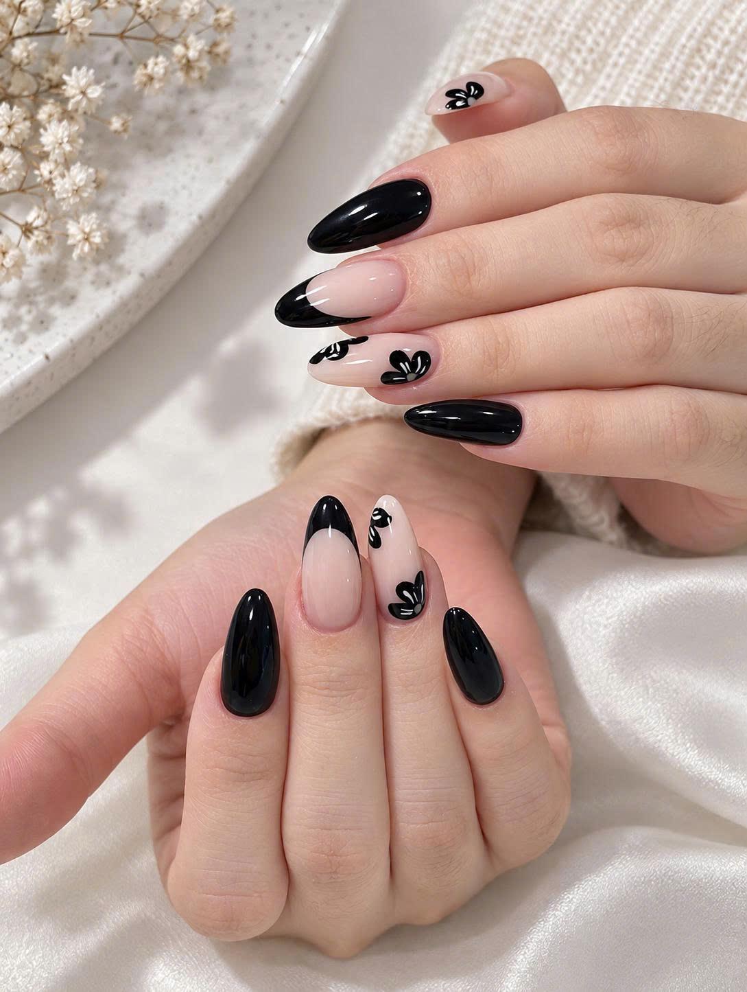 Black Butterfly Press-On Nails – Nude Almond – Black French Tip