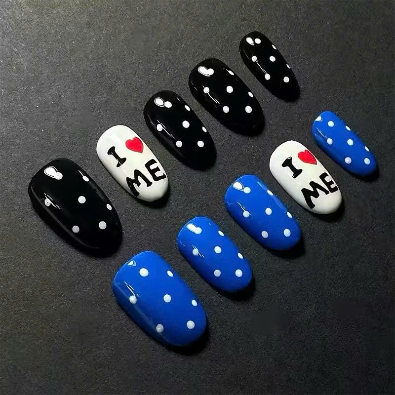 Blue Black Polka Dot Press-On Nails – I Love Me Details – Short Oval