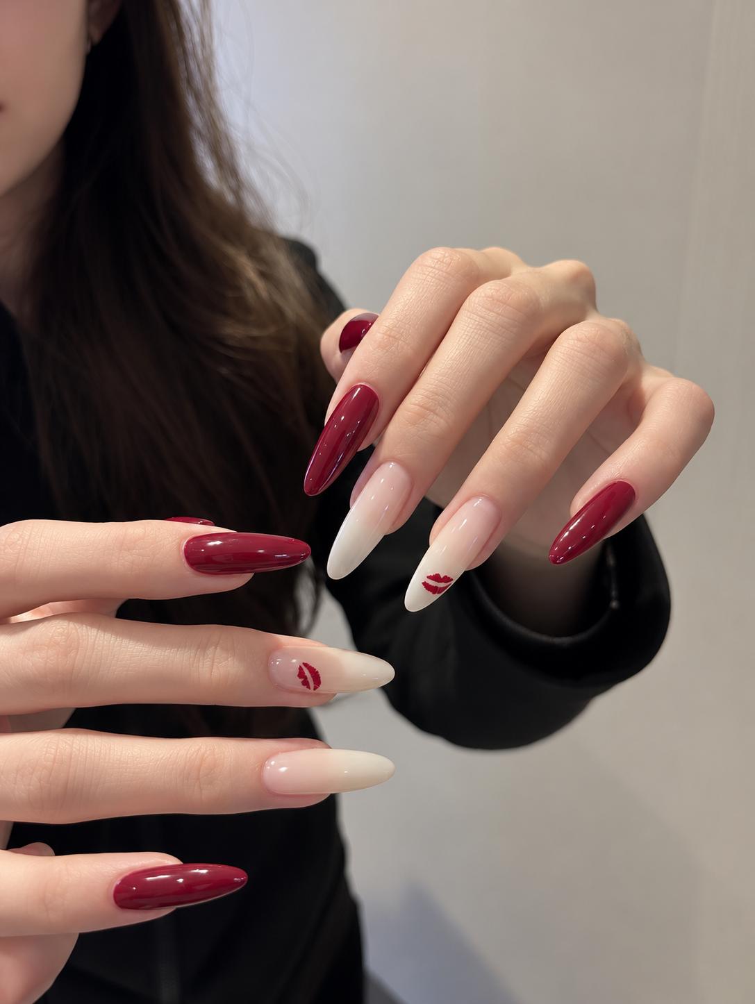 Burgundy Press-On Nails – Nude Ombre Almond – Red Lip Kiss Details