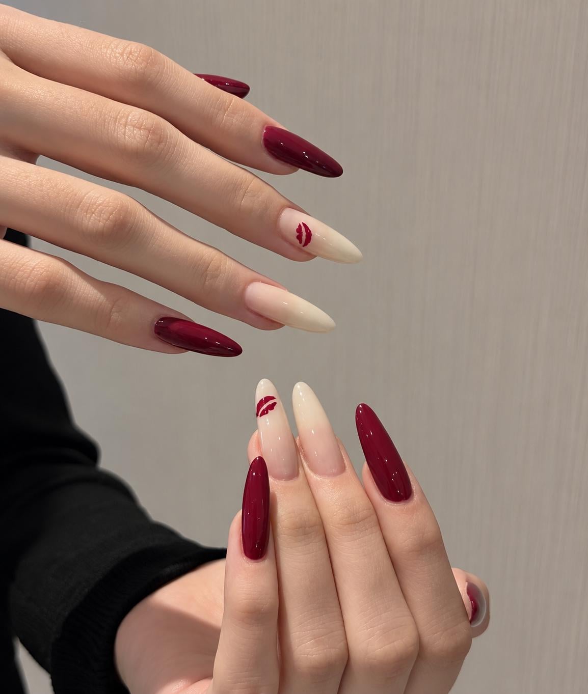 Burgundy Press-On Nails – Nude Ombre Almond – Red Lip Kiss Details