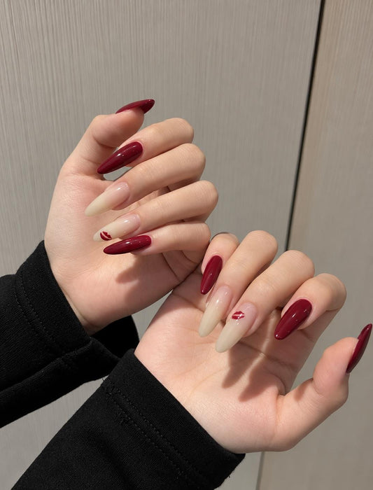 Burgundy Press-On Nails – Nude Ombre Almond – Red Lip Kiss Details