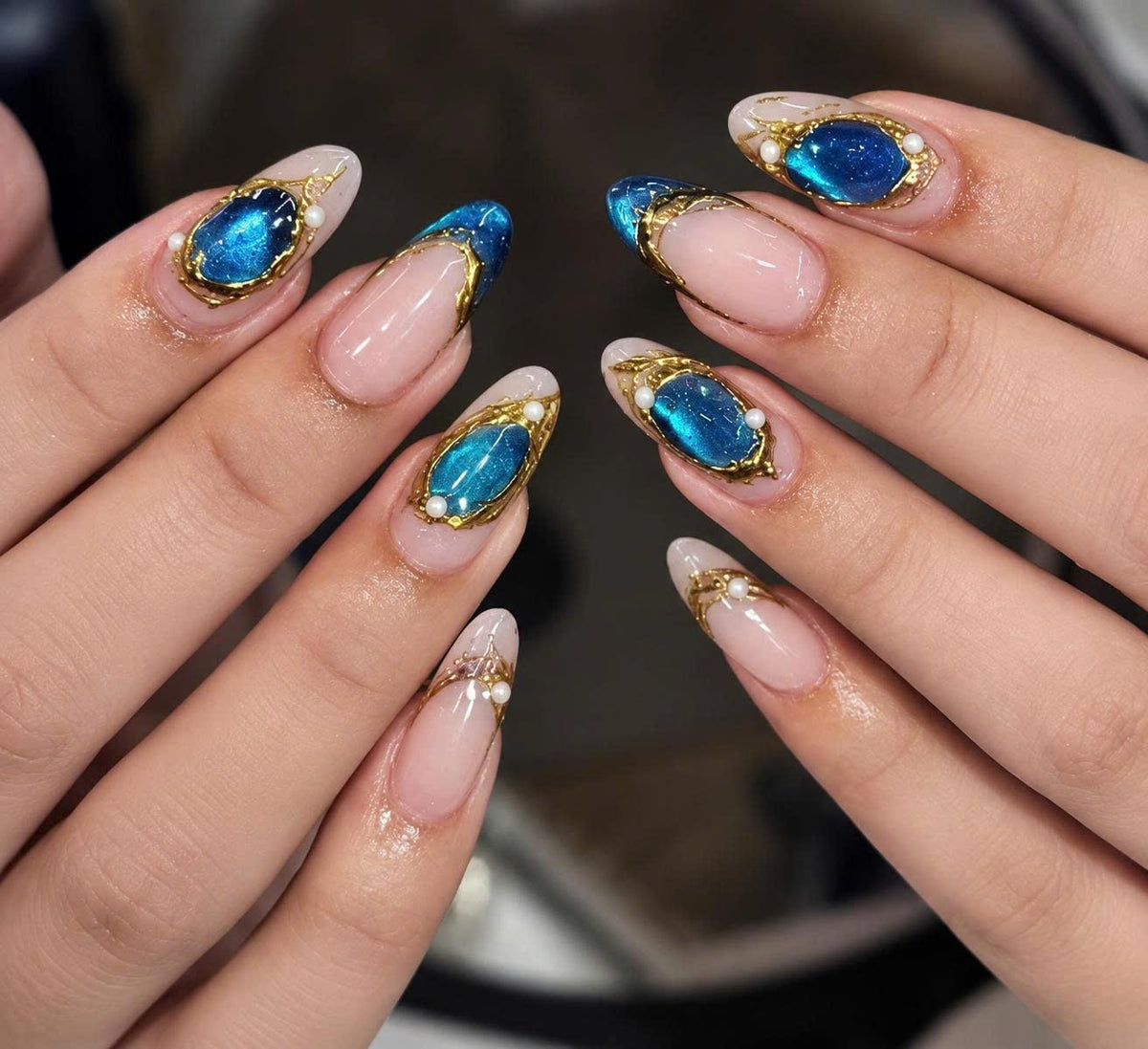 Blue Gemstone Press-On Nails – Gold 3D Jewel Details – Almond