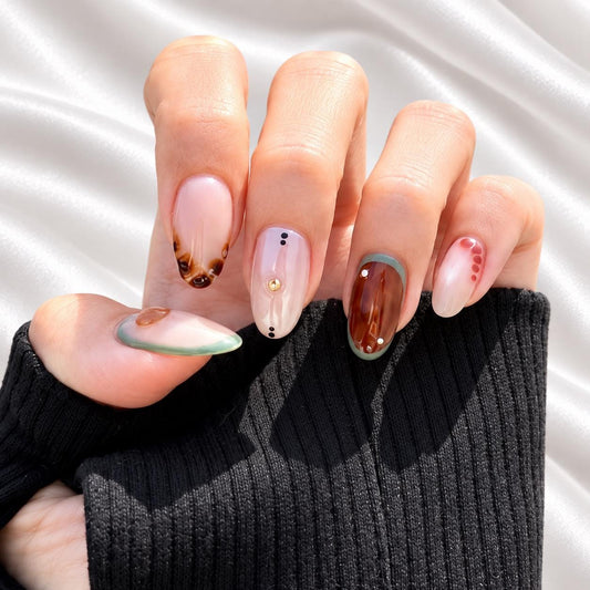 Abstract Tortoiseshell Press-On Nails – Brown Sage Green Almond