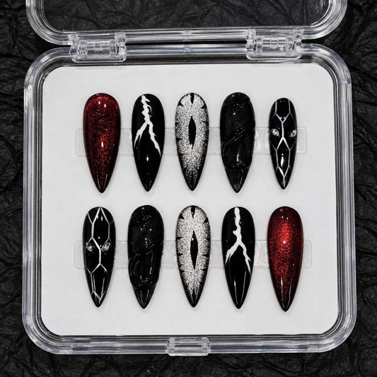 Y2K Black Press-On Nails – Gothic Eye Details – Red Glitter & Silver Chrome