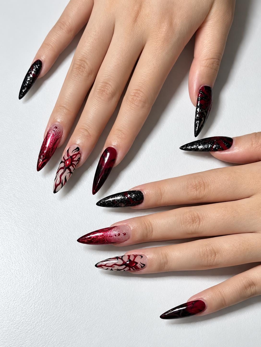 Halloween Press-On Nails – Blood Red & Black – Gothic Stiletto