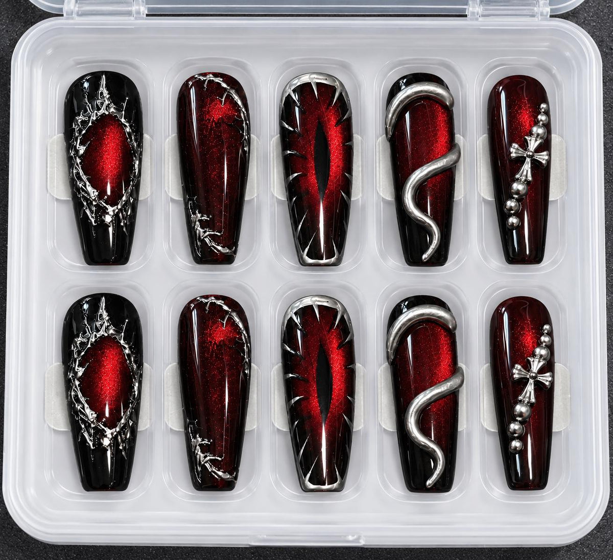 Halloween Press-On Nails – Red & Black Vampire – Demon Eye Gothic
