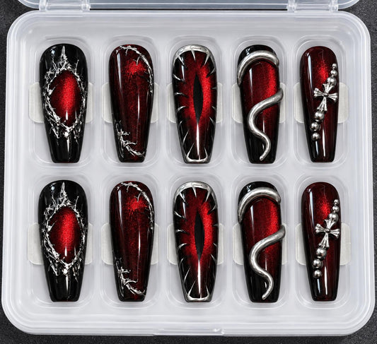 Halloween Press-On Nails – Red & Black Vampire – Demon Eye Gothic