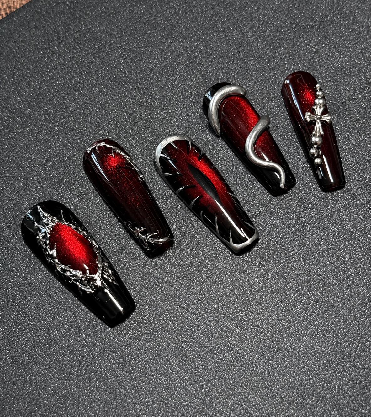 Halloween Press-On Nails – Red & Black Vampire – Demon Eye Gothic