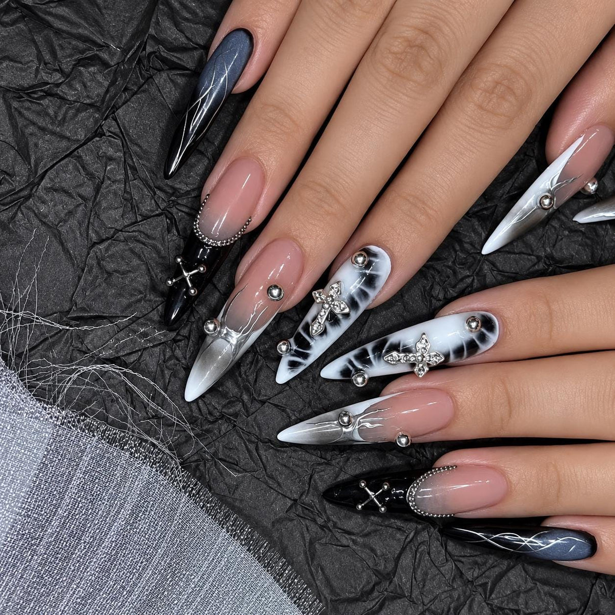 Y2K Press-On Nails – Black & White Chrome – Gothic Cross Details