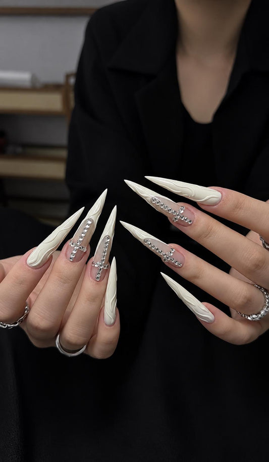 White Cross Press-On Nails – Rhinestone Stiletto – Gothic 3D Details
