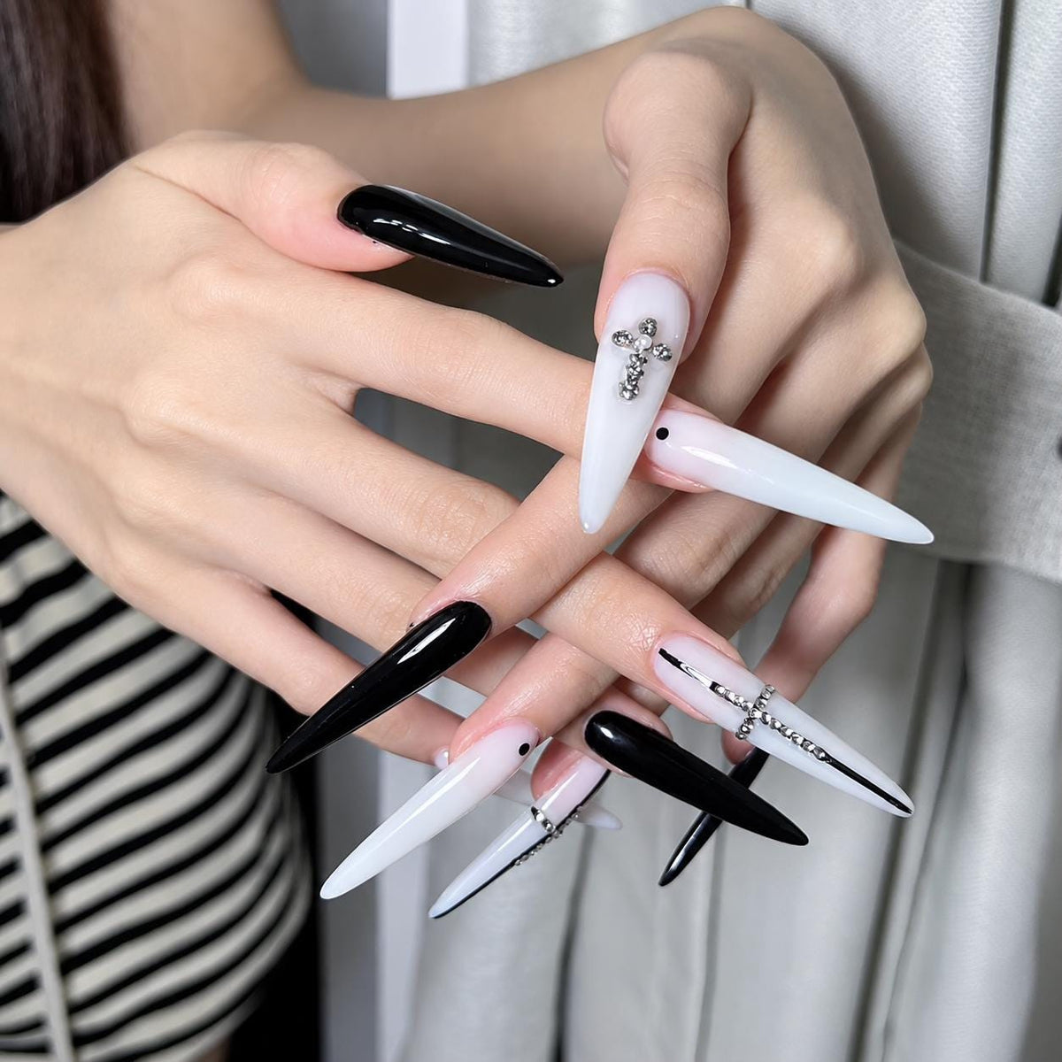 Black & White Cross Press-On Nails – Rhinestone Stiletto – Gothic Details