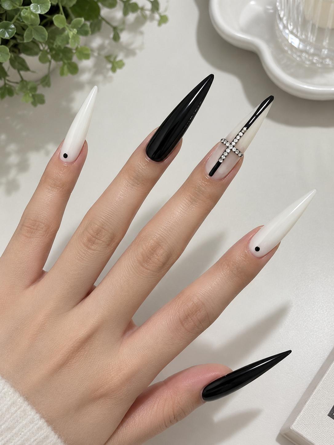 Black & White Cross Press-On Nails – Rhinestone Stiletto – Gothic Details