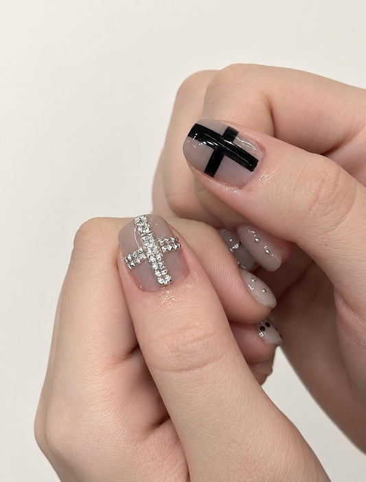 Minimalist Nude Press-On Nails – Black Polka Dot – Silver Stud Details