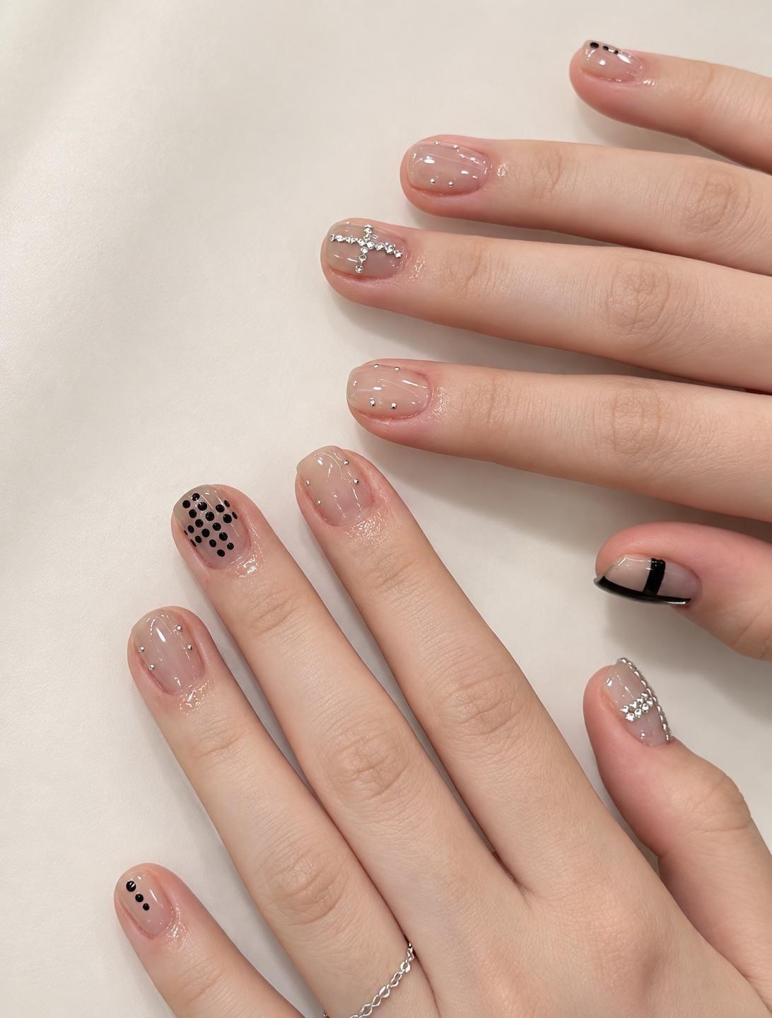 Minimalist Nude Press-On Nails – Black Polka Dot – Silver Stud Details