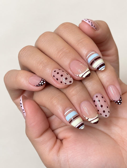 Polka Dot Press-On Nails – Striped French Tip – Brown Blue Short Almond