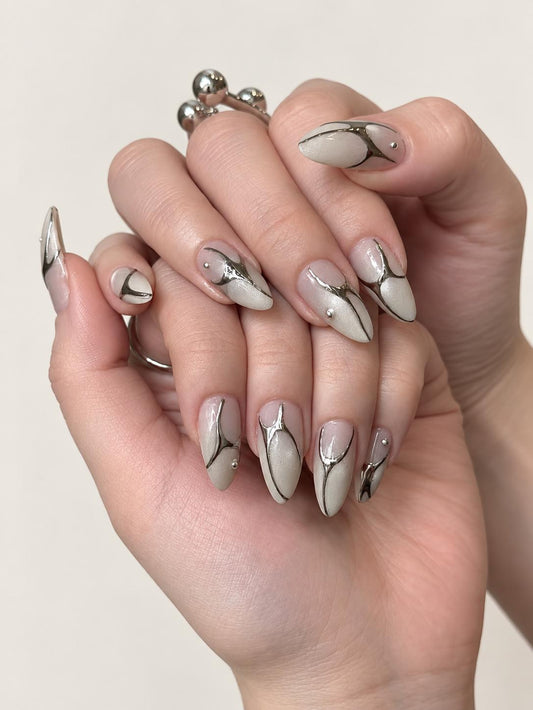 Silver Chrome Press-On Nails – White Almond – 3D Metallic Abstract Details