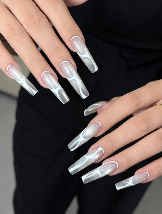 Silver White Press-On Nails – Chrome Abstract Long Square – Shimmer Metallic Details