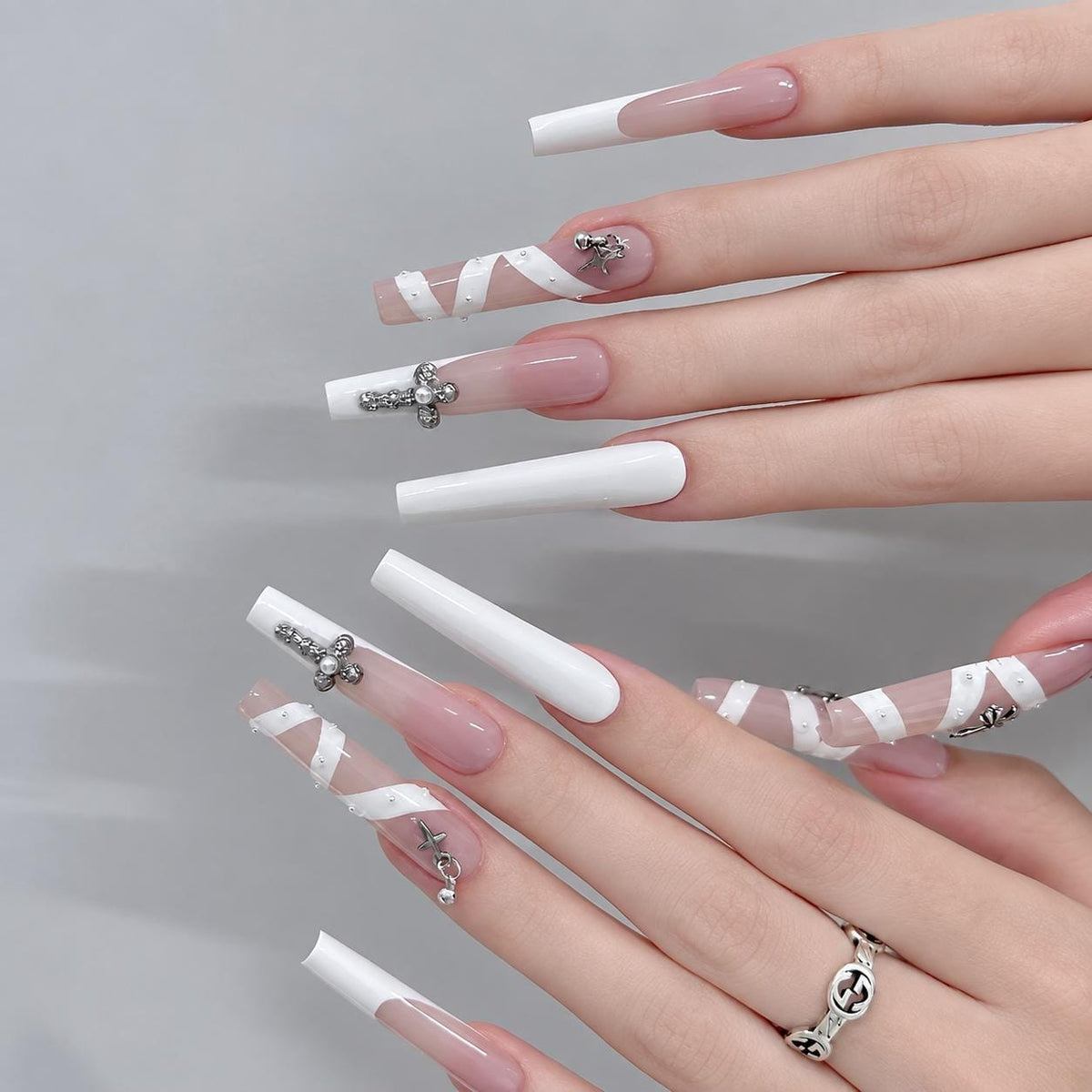 White Cross Press-On Nails – Long Coffin – Pearl Ribbon Details