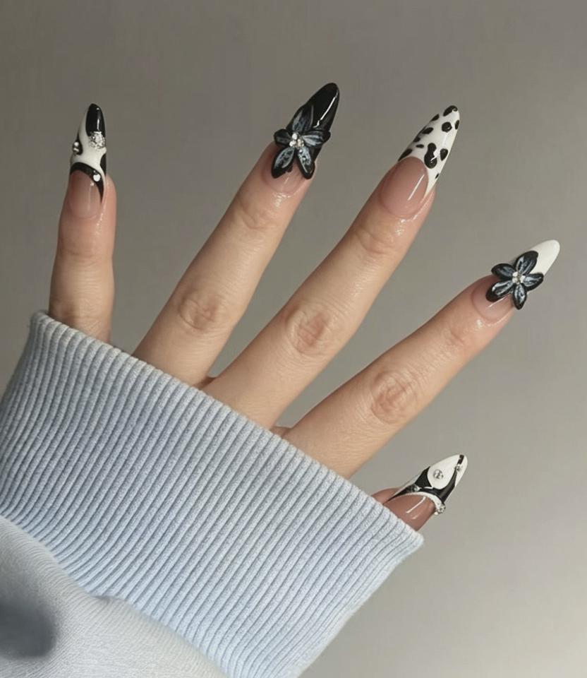 Midnight Butterfly Press-On Nails – Black & White 3D Floral Design