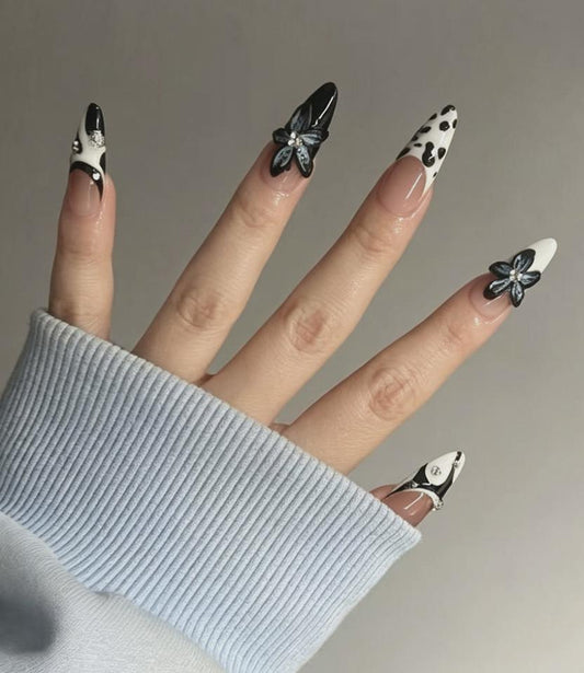 Midnight Butterfly Press-On Nails – Black & White 3D Floral Design
