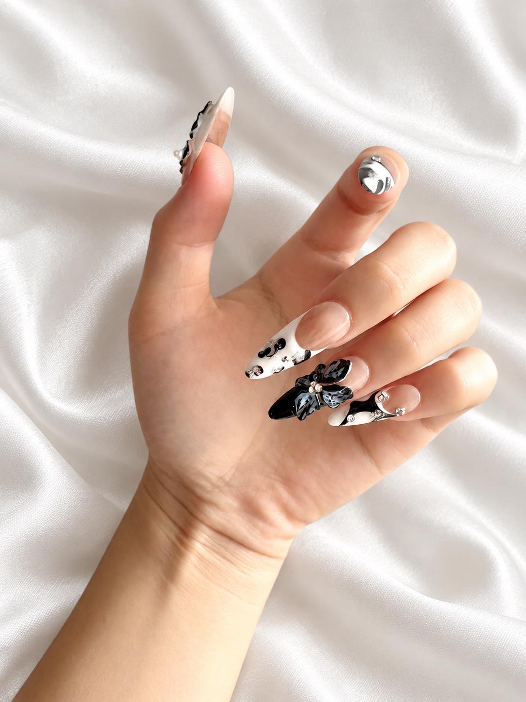 Midnight Butterfly Press-On Nails – Black & White 3D Floral Design