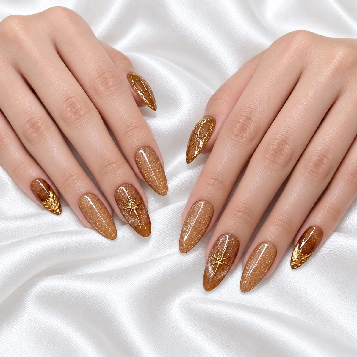 Golden Amber Celestial Press-On Nails – Shimmering Almond