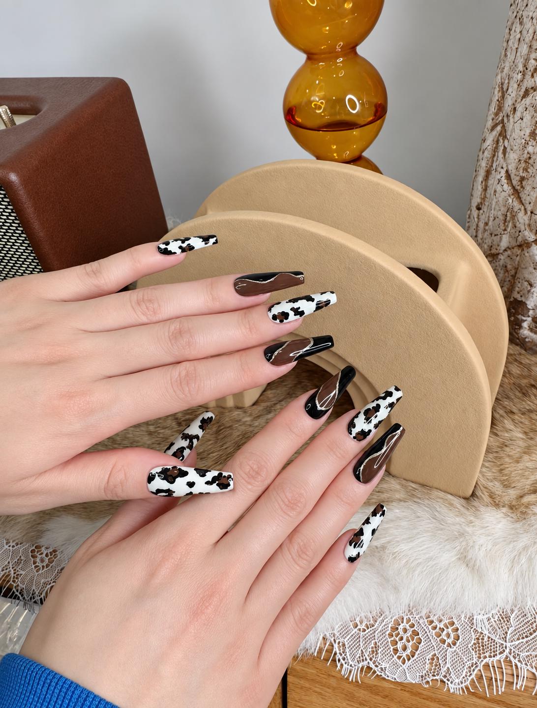 Cow Print Press-On Nails – Brown & Black French Tip – Western Cowgirl