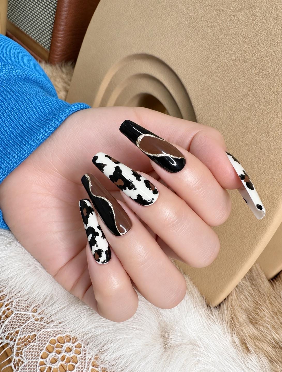 Cow Print Press-On Nails – Brown & Black French Tip – Western Cowgirl