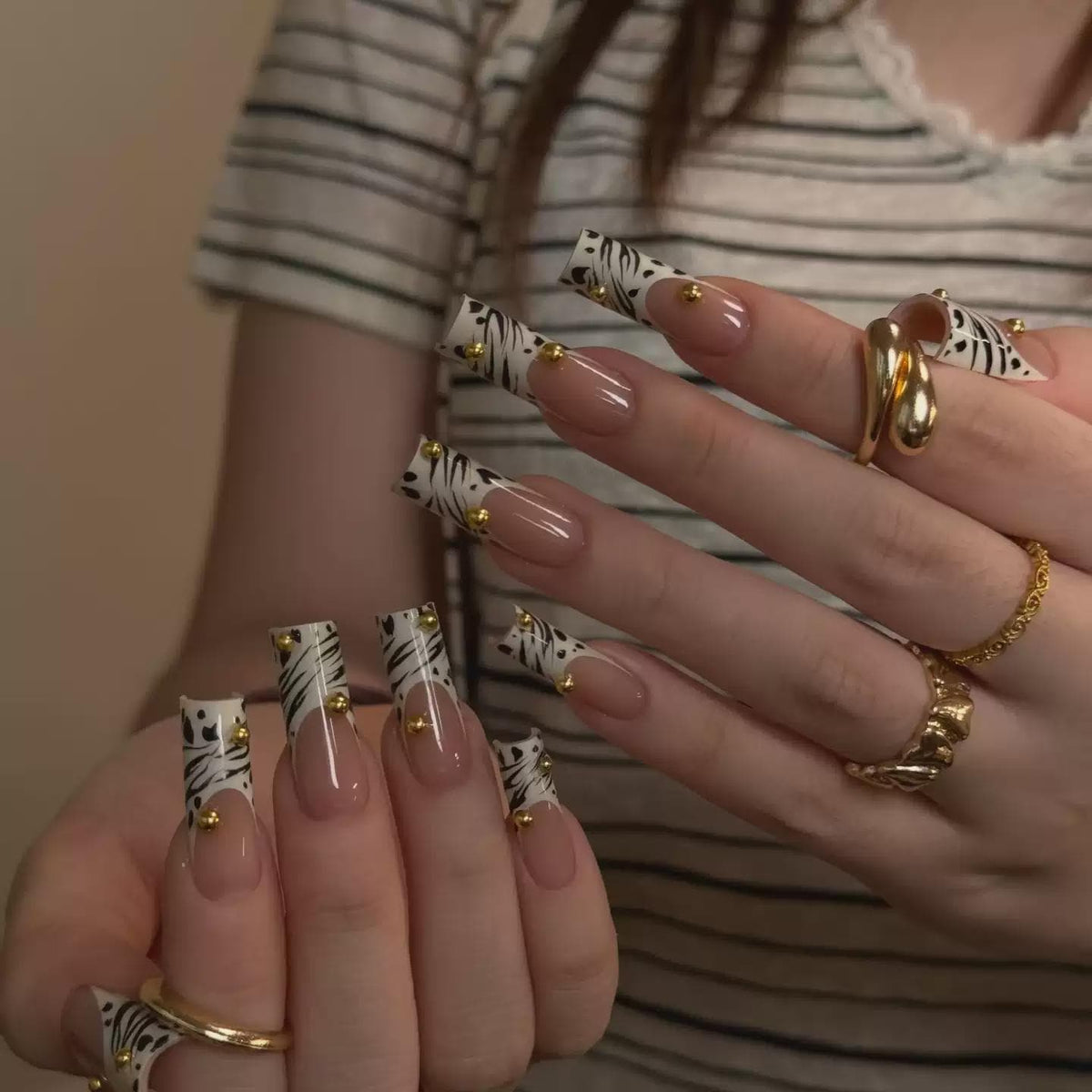 Zebra French Tip Press-On Nails – Animal Print – Gold Stud Details